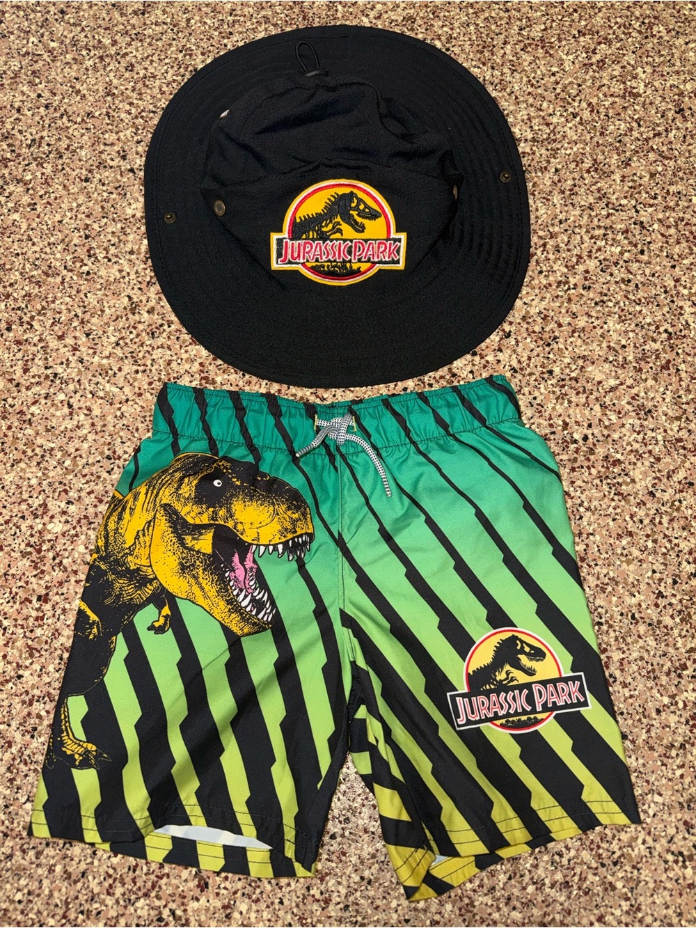 Boys Green Gradient Dino Swim Shorts Jurassic Park shorts and hat 4T